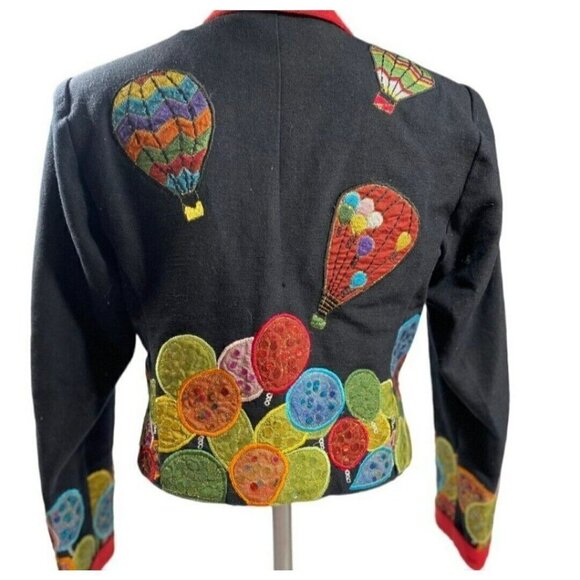 Vintage Anage Black Hot Air Balloons Button Down Jacket Sequins Patchwork 80s S - Picture 3 of 14
